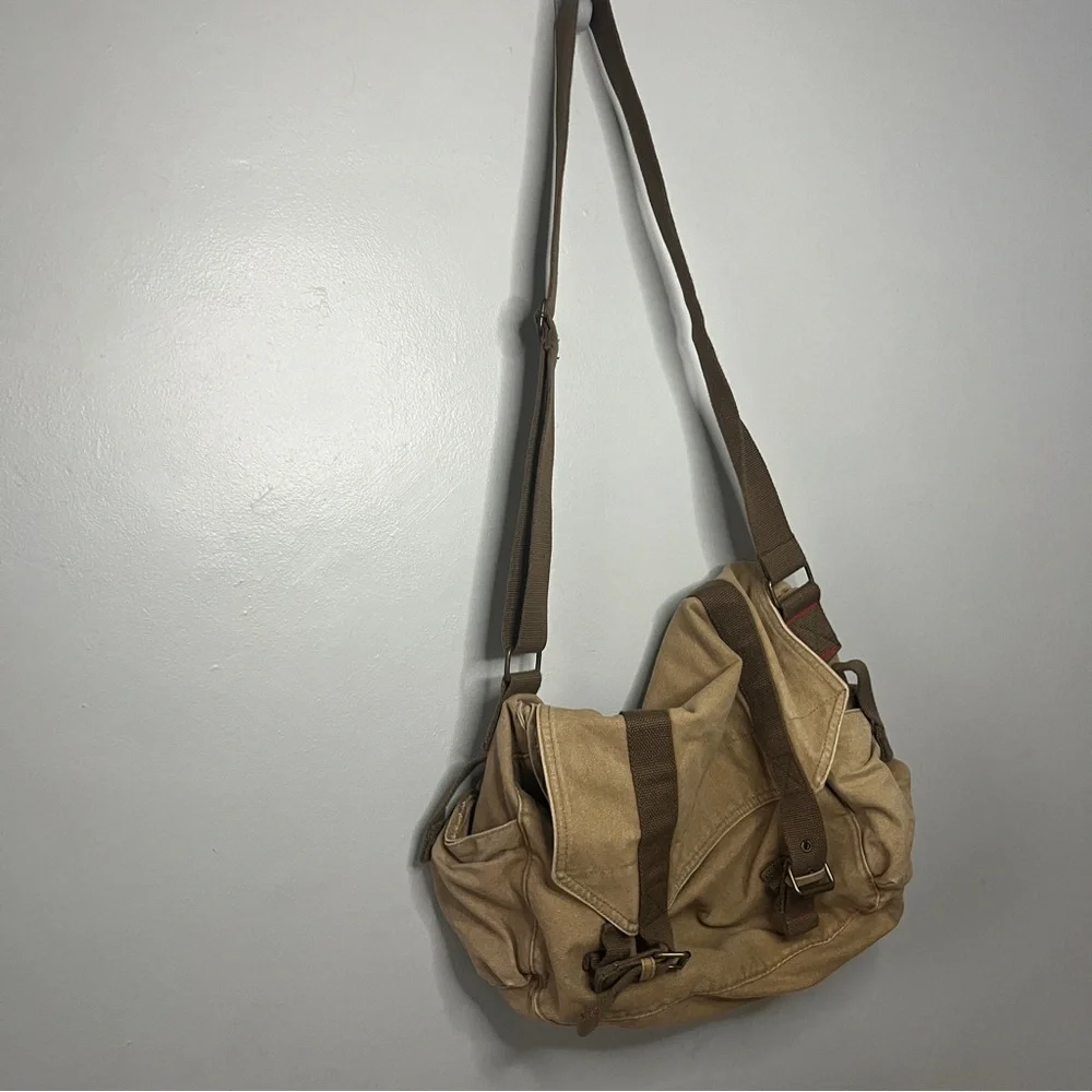 Old Navy Tan Canvas Messenger Bag with Brown Straps